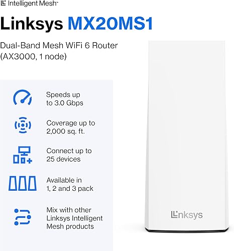 Miniatura 2 de Linksys Atlas WiFi 6 Router Home Sistema de malla WiFi para el hogar, doble banda, cobertura de 2,000 pies cuadrados, más de 25 dispositivos,