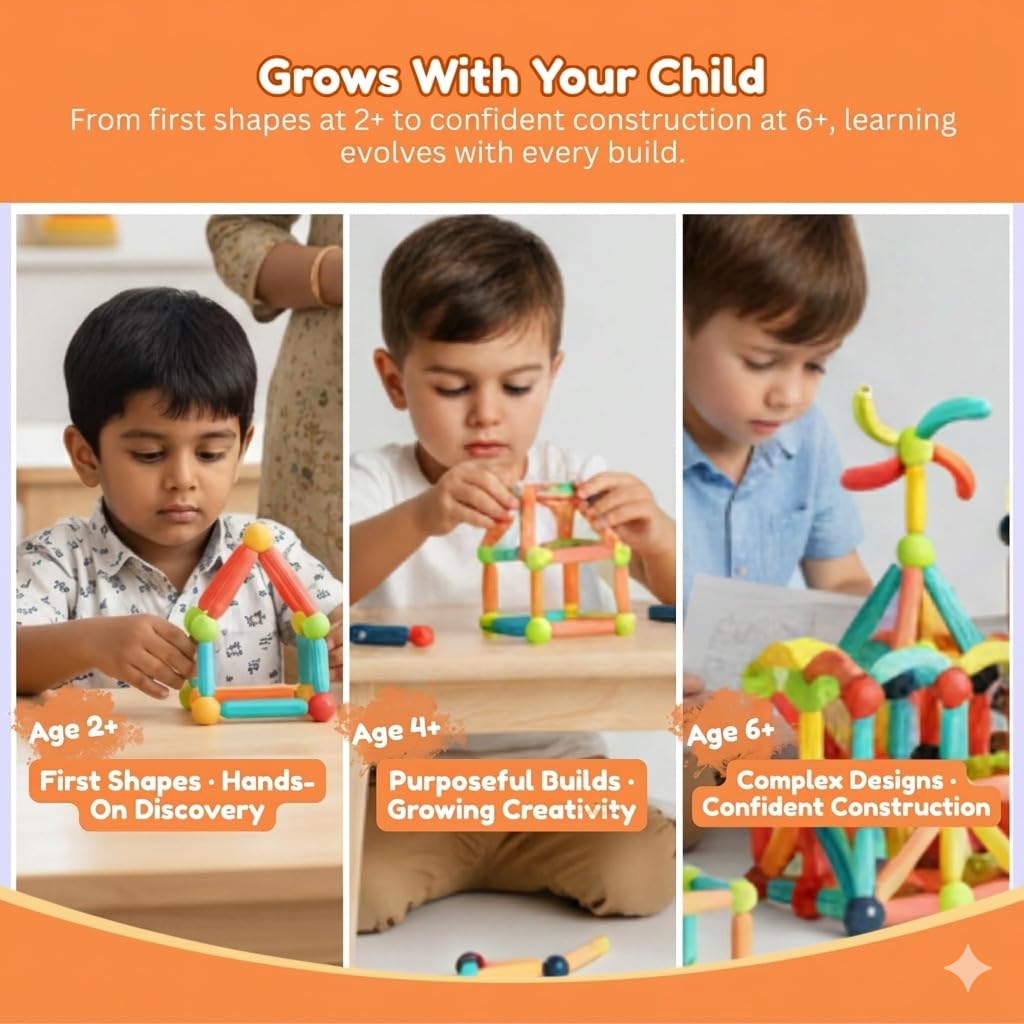 Magnetic Building Blocks Sticks and Balls Set, Construction STEM Building Toys for Kids 2–5 Years, Educational Blocks & Magnet Toys (128 Pcs) 2