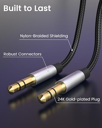 Aux Cord 3.5mm Audio Cable for Headphone,Car Stereo,Tablet,Speaker,Smartphone,TV,Laptop,HI-FI System Nylon Braided Auxiliary Cord Male to Male with 24K Gold Plated-10ft/3m