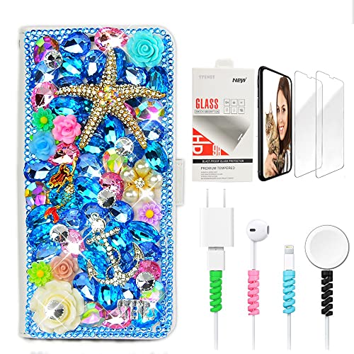 STENES Bling Wallet Luxury Case Compatible with iPhone 15 Pro Max - Stylish - 3D Handmade Starfish Mermaid Anchor Flower Leather Cover with Screen Protector & Cable Protector - Navy Blue