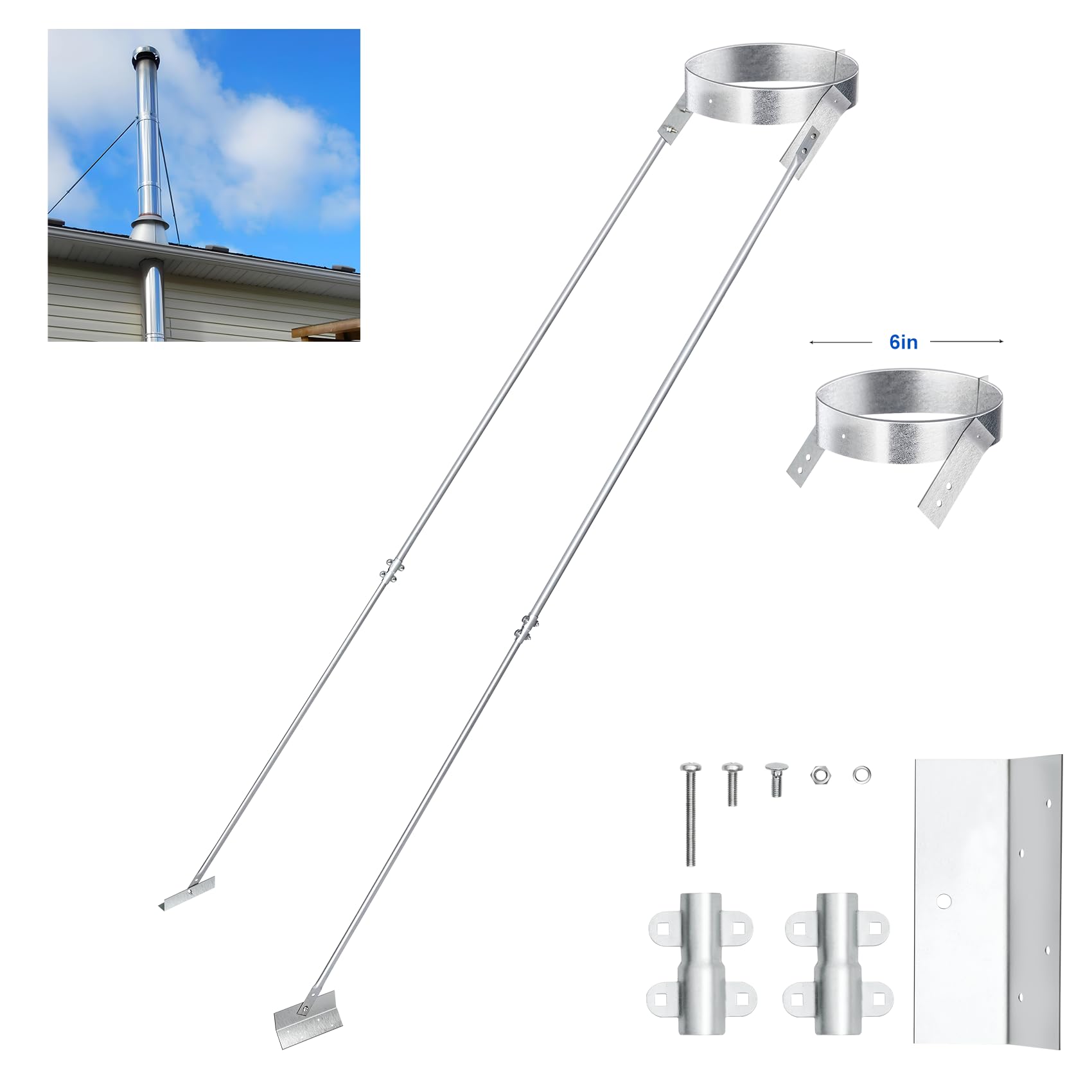 6" Extended Roof Bracket Supports Chimney Stove Pipe for DuraVent Triple Wall 2" I.D ,Suitable for All Outer Diameters of 6", Stability Against Wind & Snow, Includes Brackets & Adjustable Legs