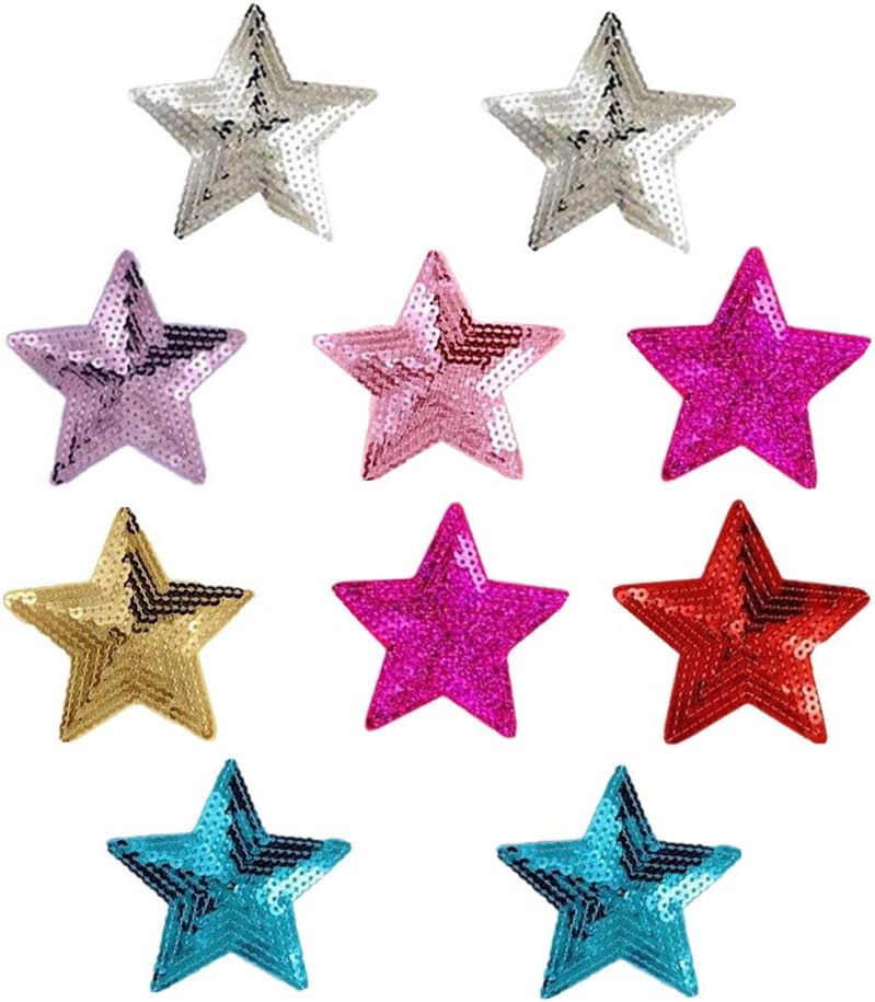 Ximkee Pack of 10 Shiny 5 Star Sequins Sew Iron on Applique Embroidered Patches
