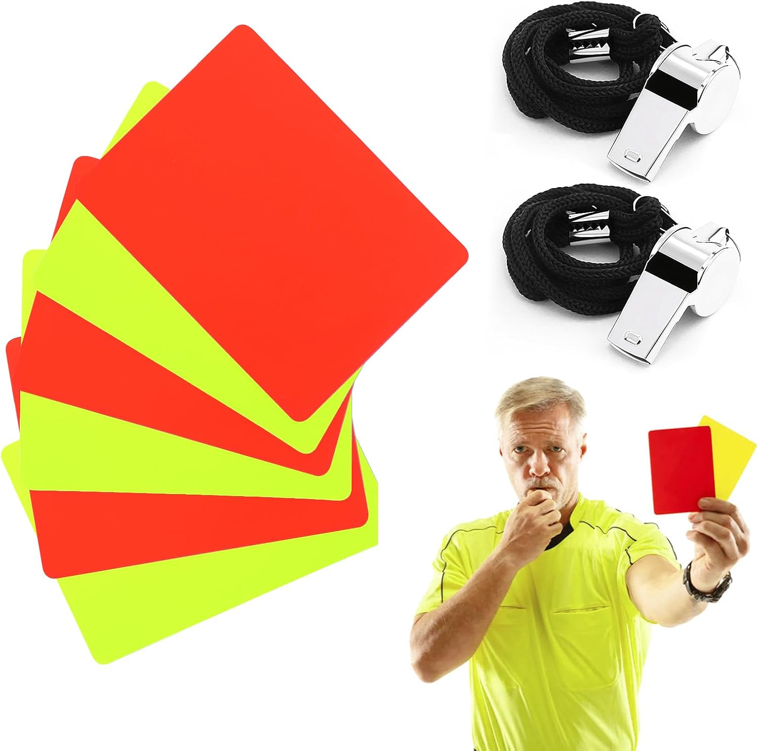 Set of 6 Red and Yellow Football Referee Cards with 2 Sports Whistles with Cord - Essential Accessory for Any Football Game