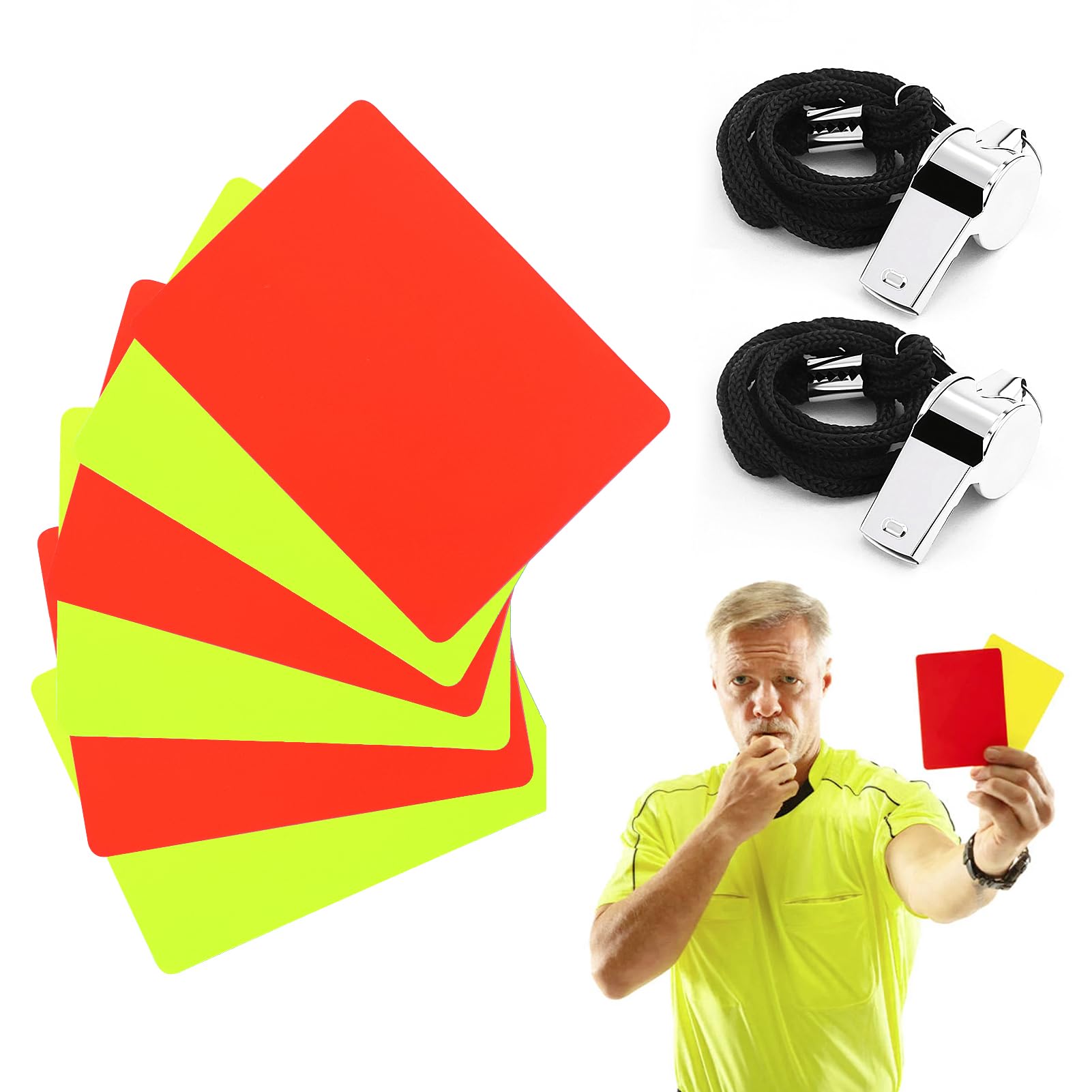 Juego de 6 cartas rojas y amarillas para árbitro de fútbol con 2 silbatos deportivos con cordón, accesorio indispensable para cualquier juego de fútbol