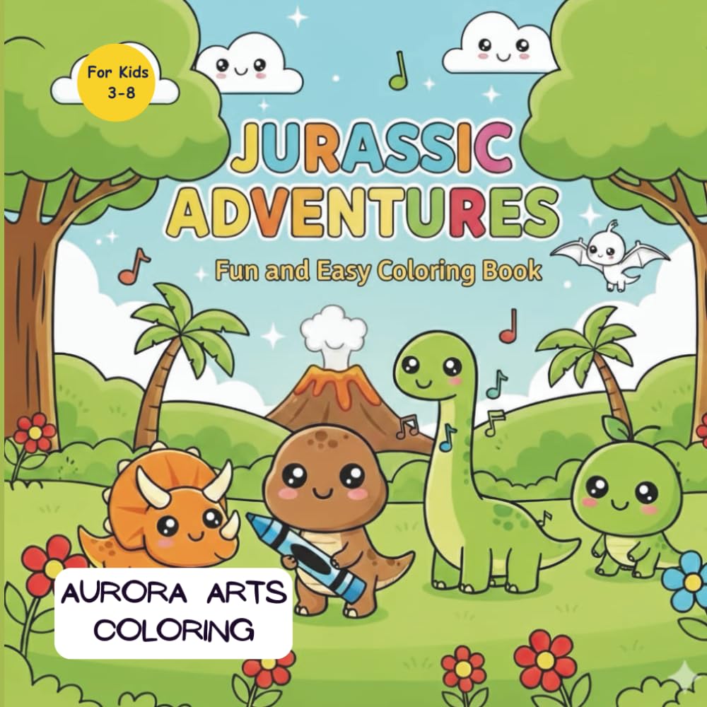 Jurassic Adventures by Aurora Arts Coloring: A Cute Dinosaur Coloring Book for Kids Ages 3–8 | Easy and Fun Dinos to Color — T-Rex, Brontosaurus, ... Dinosaurs, Big Smiles, Easy Bold Outlines.