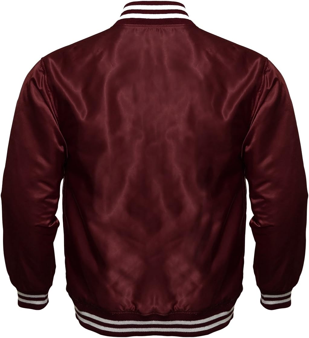 Genz Men Women Bomber Jacket Satin Polyester Vintage Army Biker Retro Zip Up Casual Coat (Maroon, Large)
