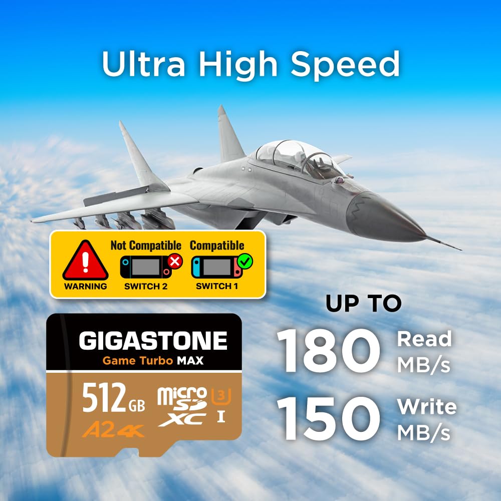 【Solo para Switch 1】 GIGASTONE Tarjeta Micro SD de 512GB, Game Turbo MAX, hasta 180/150 MB/s, MicroSDXC para Nintendo-Switch 1, SteamDeck, Video 4K UHD, UHS-I【5 Años de Recuperación de Datos Gratis】