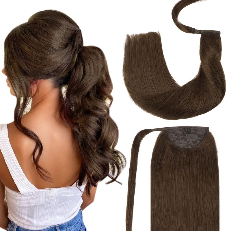 GOO GOO Ponytail Extension, Long Straight Wrap Around Clip in Handmade Real Human Hair for Women,Hair Piece Pony Tail Hair Extensions Hairpieces for Girls,Chocolate Brown #4A, 80g 18inch image 4