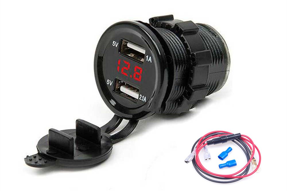 KNACRO Dual USB Motorcycle 5V 1A 2.1A Car Cigarette Lighter Socket Charger Adapter 12-24V with Red LED Digital Voltmeter Meter Monitor 60CM Power Cable