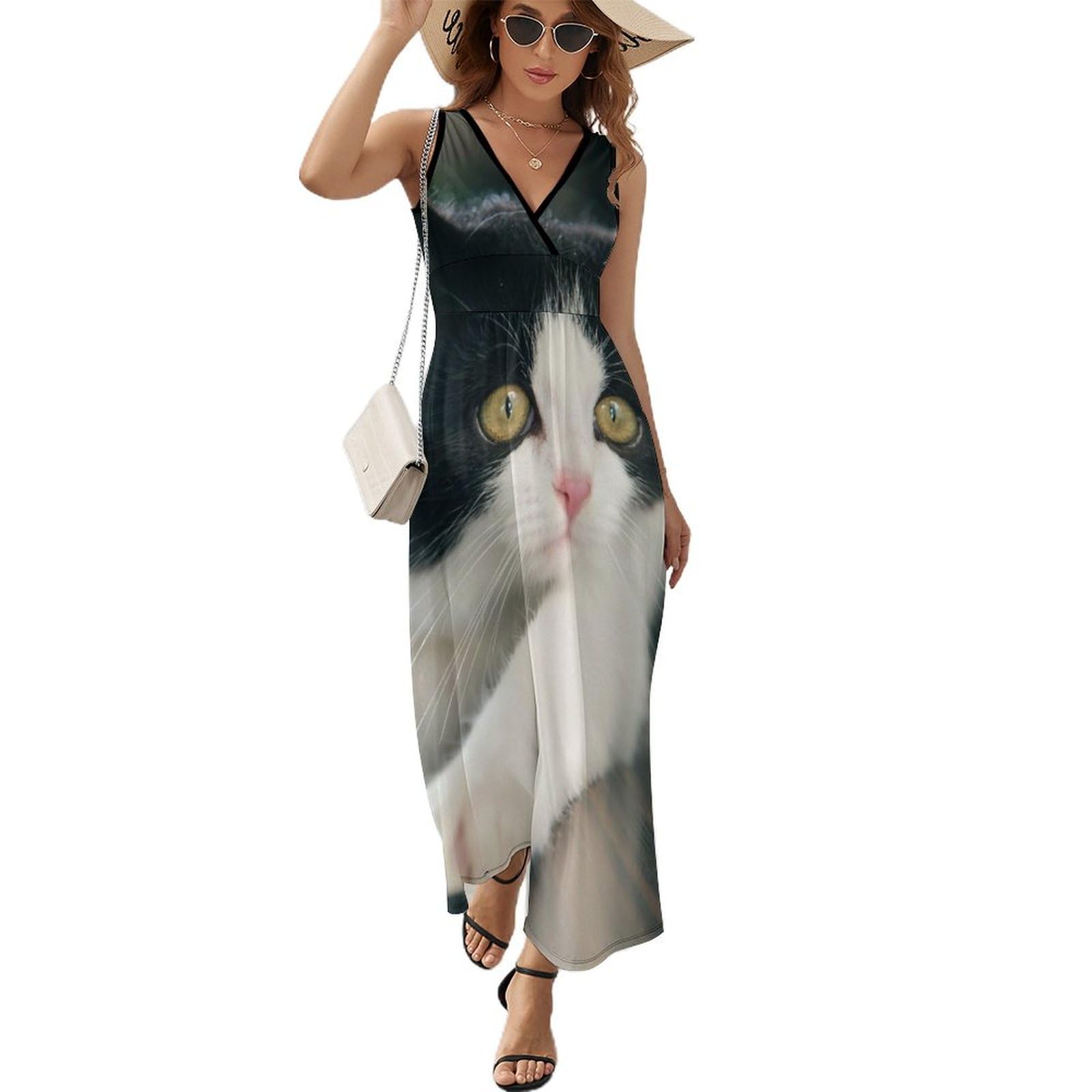 Robe décontractée chat noir blanc longue pour masquer les complexes - 8