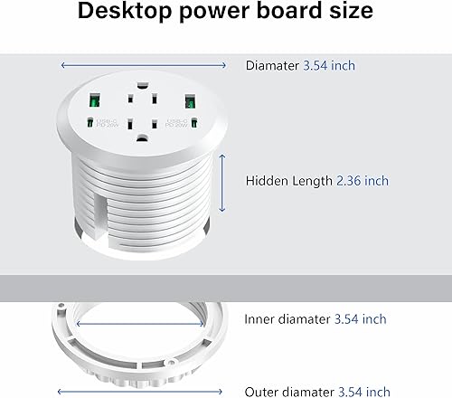 Miniatura 5 de Ojal de alimentación de escritorio, estación de carga rápida de 40 W, 2 salidas de CA, 4 puertos USB, orificio de alimentación de montaje empotrado