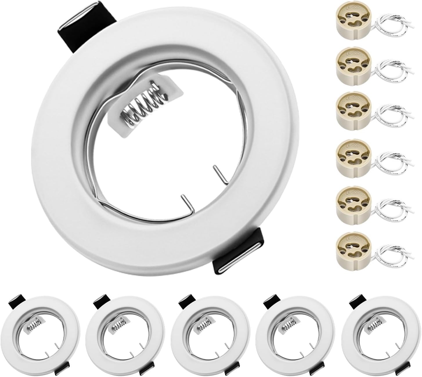 Round White Recessed Ceiling Downlight Frames with GU10 Sockets, 55-70mm Cut-Out Hole Size, Compatible with LED & Halogen Bulbs, Mounting Frame for Spotlight Fixtures (Bulbs Excluded) - 6 Pack