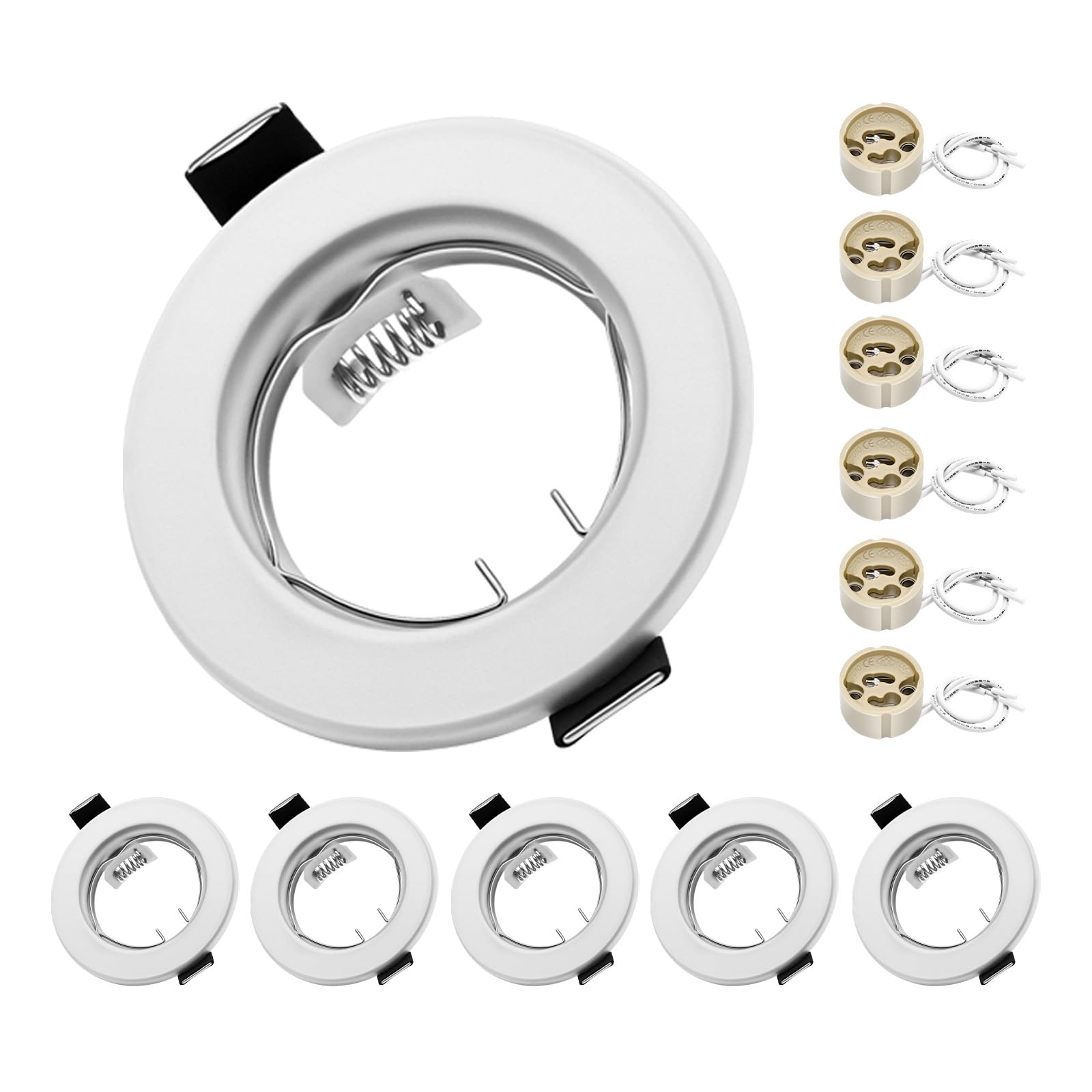 Round White Recessed Ceiling Downlight Frames with GU10 Sockets, 55-70mm Cut-Out Hole Size, Compatible with LED & Halogen Bulbs, Mounting Frame for Spotlight Fixtures (Bulbs Excluded) - 6 Pack