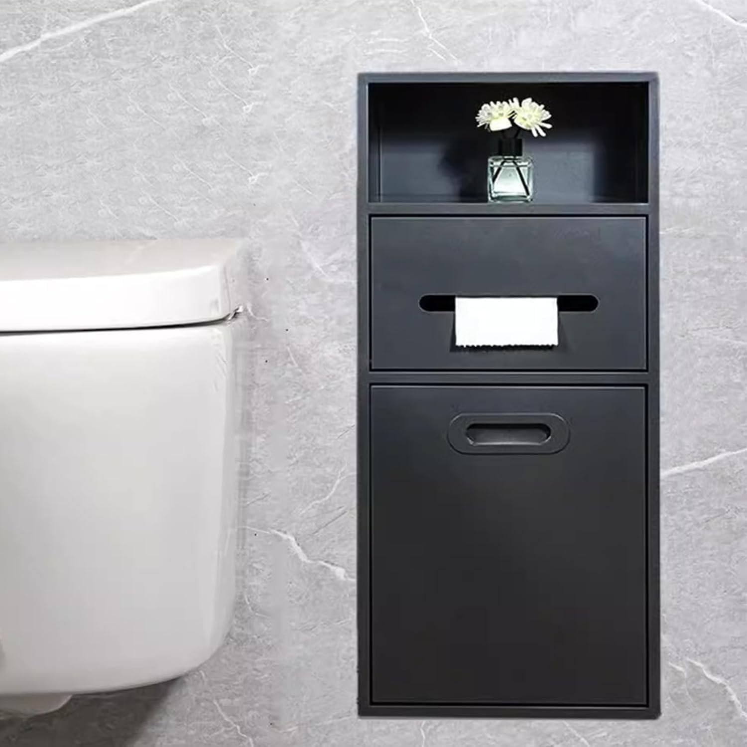 Stainless Steel Recessed Shower Niche with Toilet Paper Holder & Tipping Bucket Trash Can, Wall-Mounted Bathroom Storage Rack, Modern Black Shelf for Home Use