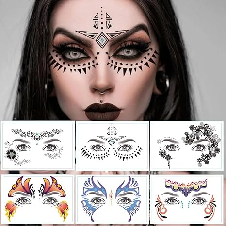 9 Pack Face Eye Makeup Tattoo Sticker Waterproof Black Lace Eye Face Temporary Tattoo for Women Girls Halloween Christmas Masquerade Party (Mixed Color(6 Style))