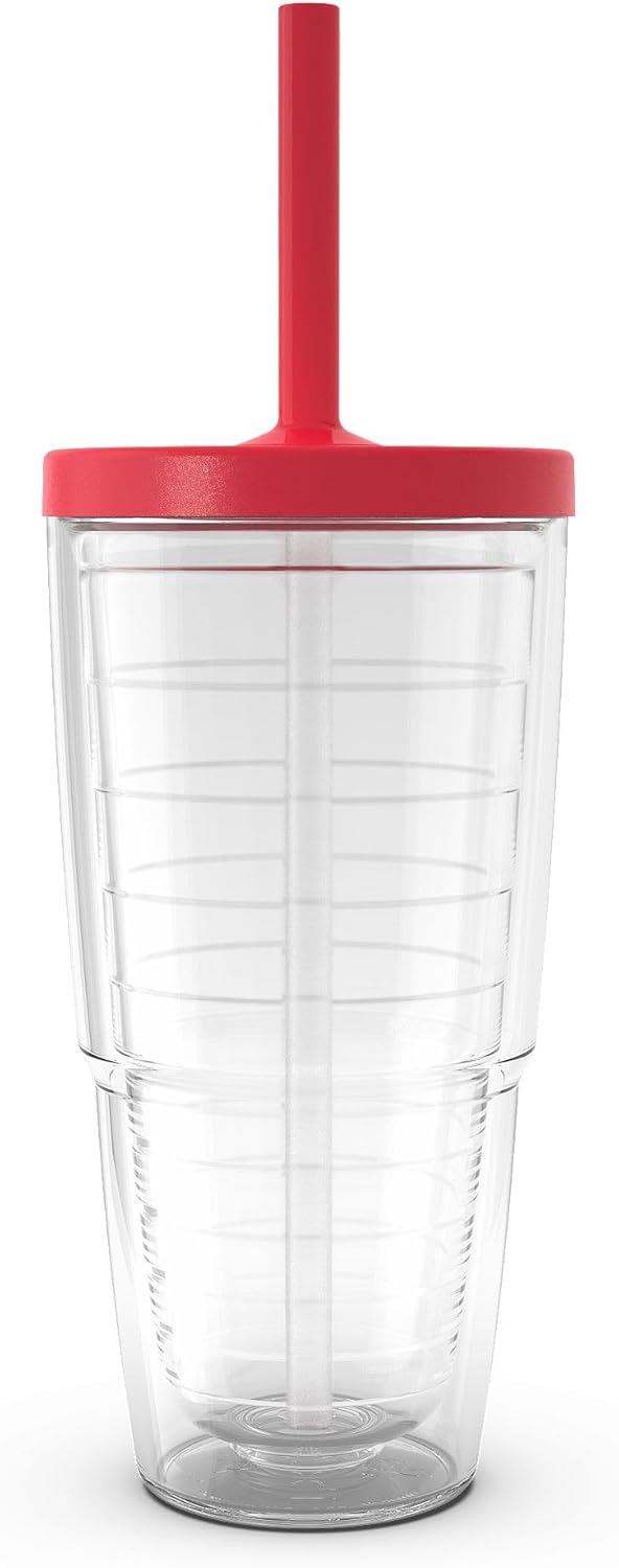 Tervis Clear & Colorful Made in USA Double Walled Insulated Tumbler Travel Cup Keeps Drinks Cold & Hot, 24oz, Red Straw Lid
