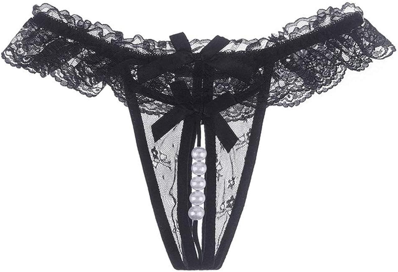 wow zn fashion Women's Lace G-String Thong with Pearl Beads, Black, Bow Detail-picture-15