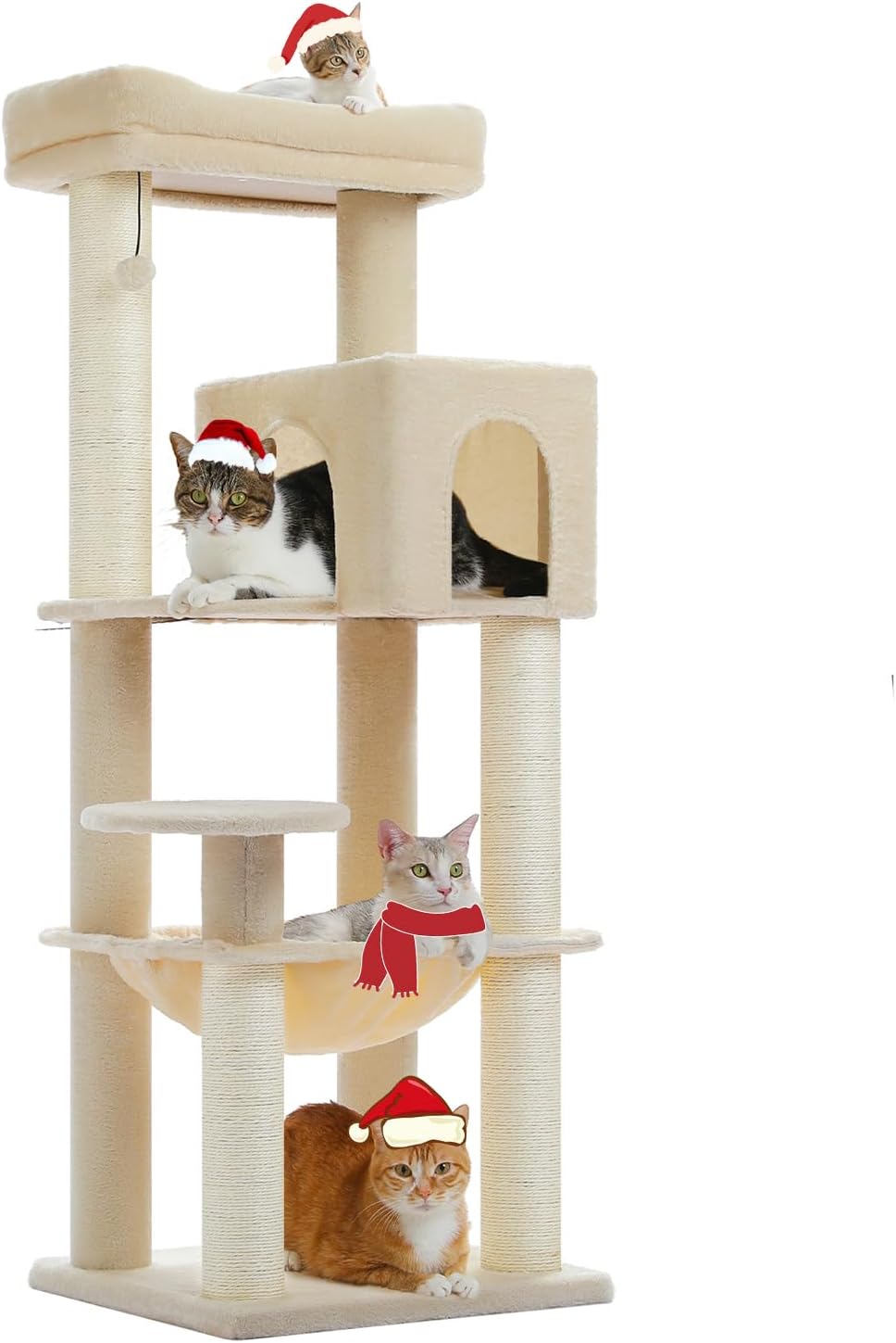 Large Cat Tree for Indoor Cats Large Adult, 57.8" Heavy Duty Cat Tower with Reinforced Scratching Posts (3.7in) and Plush Larger Hammock for Maine Coon & Big Cats, Supports 30lbs, Beige