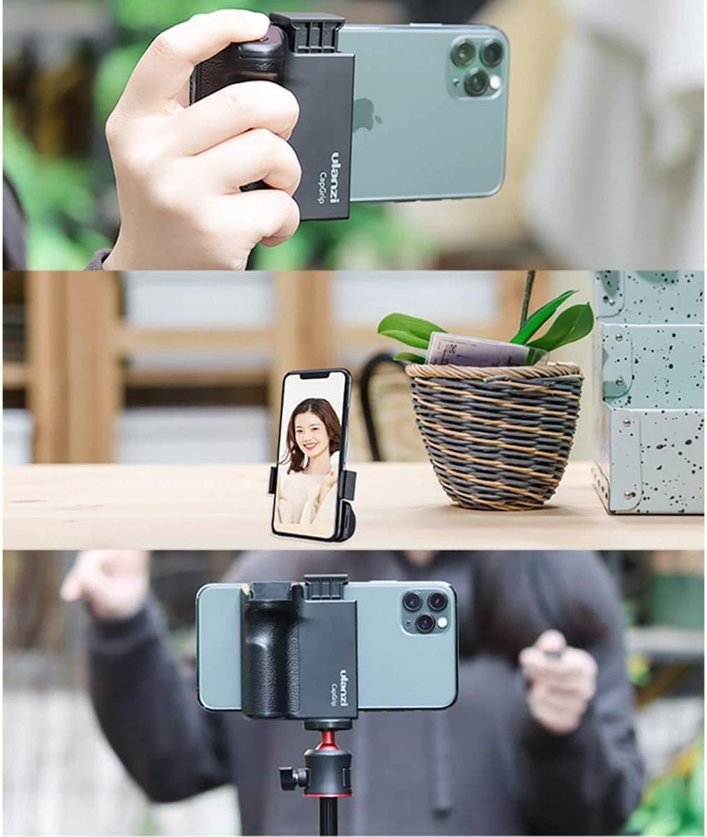Three images showing different ways to use the ULANZI CapGrip: handheld horizontal, vertical on a surface, and horizontal mounted on a tripod.