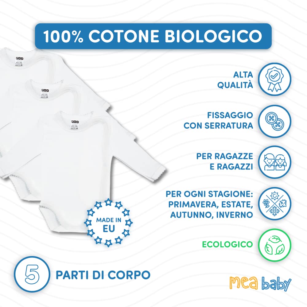 MEA BABY Body da neonato a maniche lunghe | 100% cotone biologico | Unisex | Body da bambina e bambino | Colore Bianco naturale (crema) | Pratica chiusura con bottoni a pressione