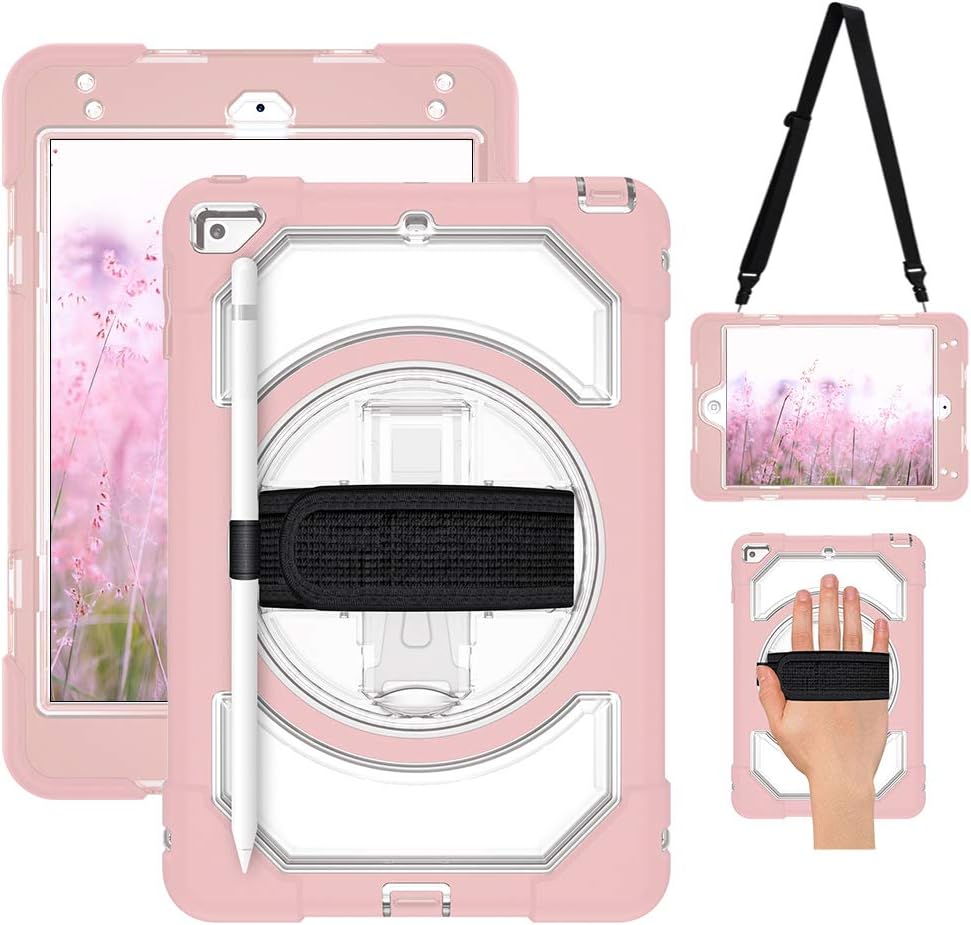 SUPFIVES iPad Mini 5 Case 2019 and iPad Mini 4 Case Shockproof Kid Case Heavy Duty with Adjustable Hand Strap+Shoulder Strap+Pencil Holder+360 Swivel Stand for iPad Mini 5 and Mini 4 (Clear+Pink)
