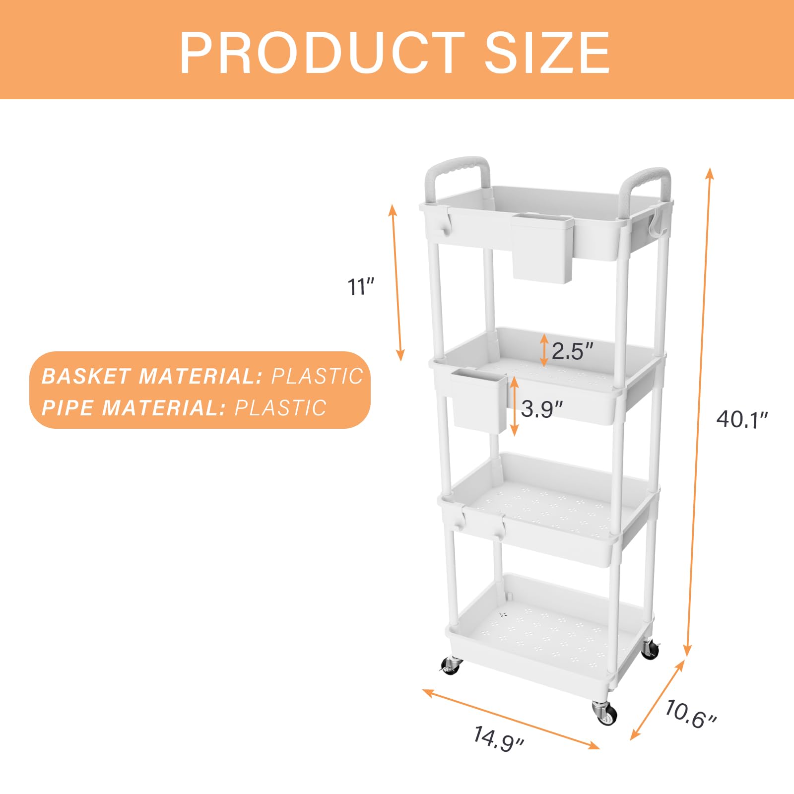 Carrito utilitario rodante de 4 niveles con asa, carrito utilitario REBECAT hecho de herramienta organizadora de almacenamiento multifuncional para cocina, baño, sala de estar, oficina (blanco)