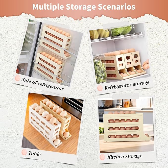 Image of Plastic Automatic Rolldown Refrigerator Rectangular 4 Tier Egg Rolling Dispenser, Holds Up To 30 Eggs, Holder For Fridge Storage - (OFF WHITE)