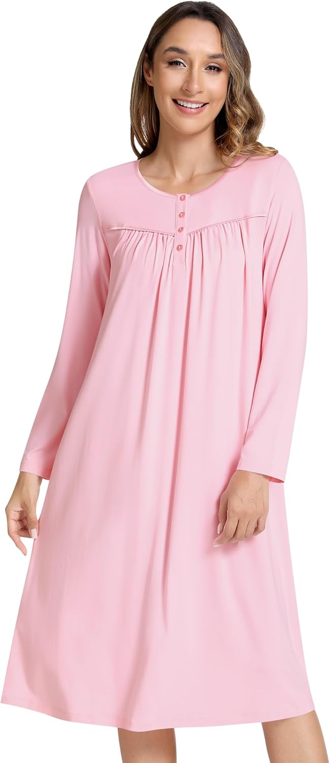 NACHILA Nightgowns for Women-Viscose Made from Bamboo, Long Sleeve Nightshirts Satin V Neck Sleepshirts Soft Sleep Dress