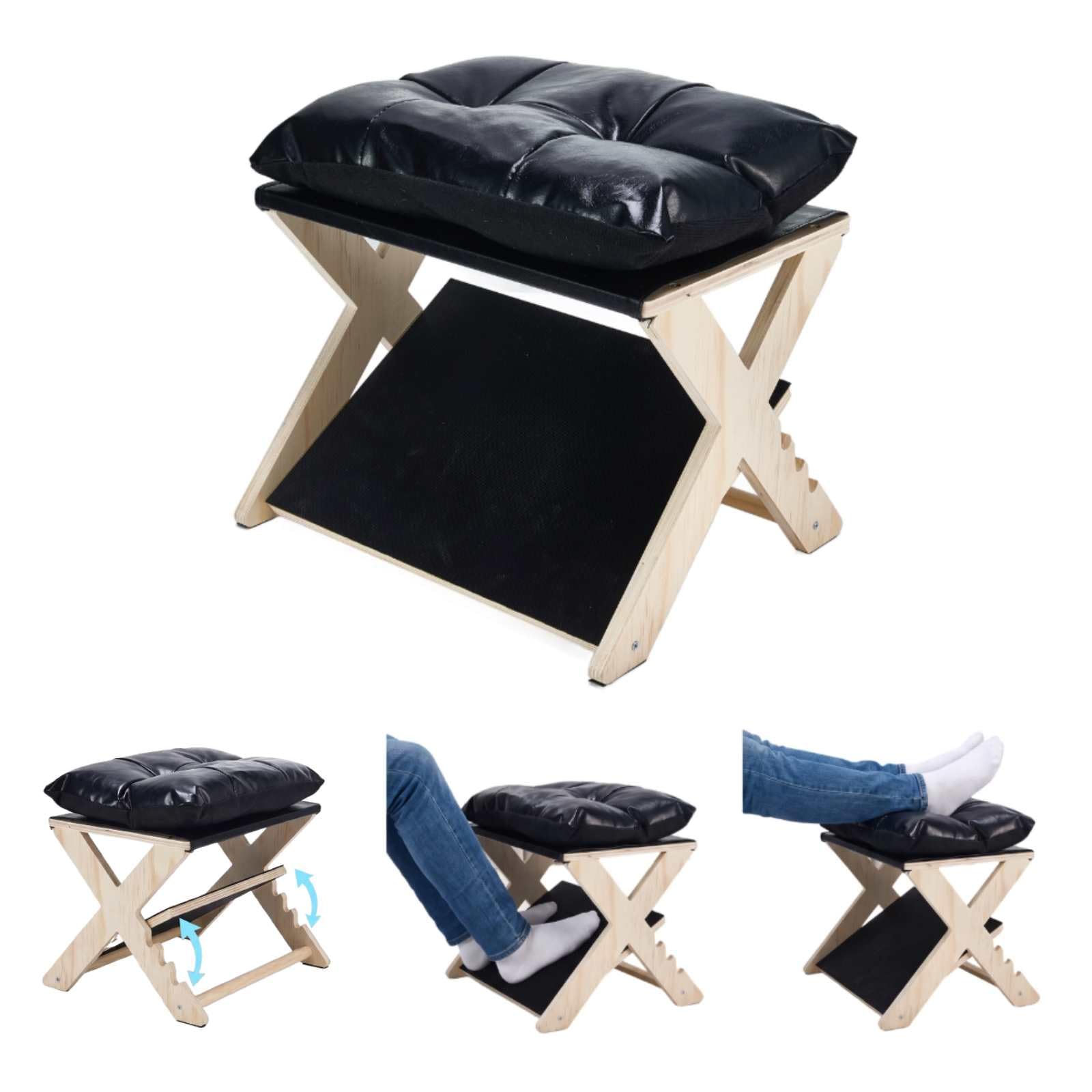 Under Desk Footrest Ergonomic Wooden Foot Stool Foot Rest with 3 Heights Black onesize