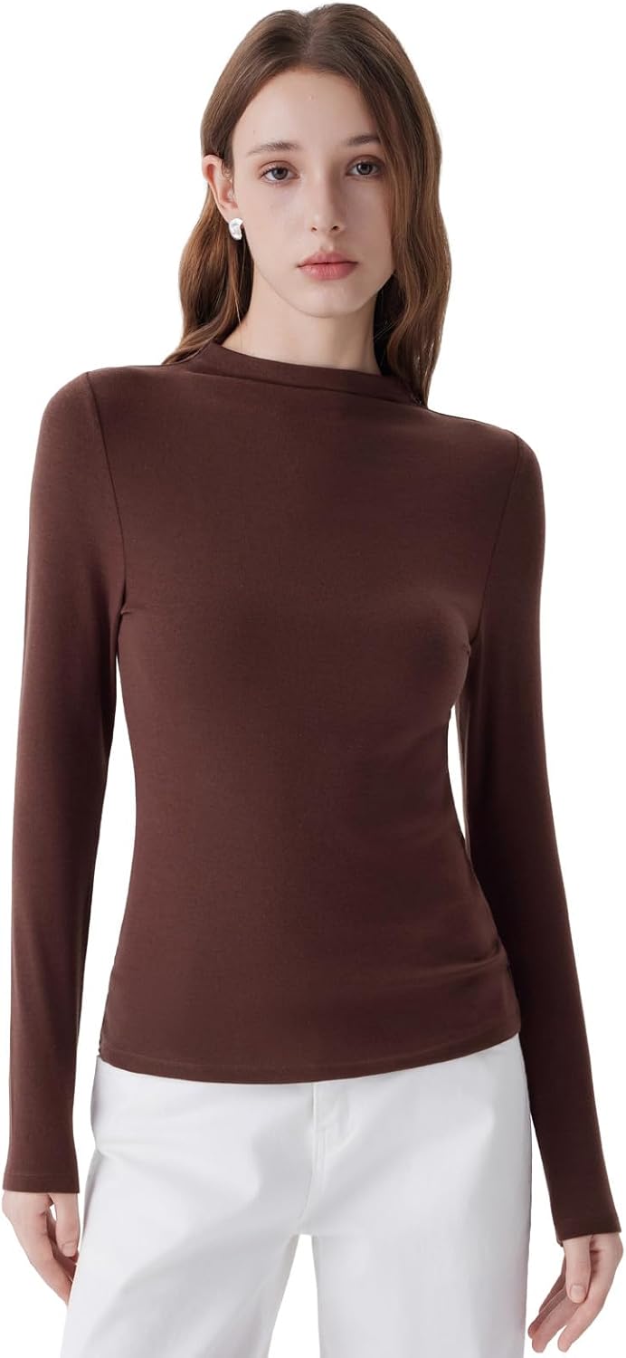 SUUKSESS Cloud Cashmere Women Mock Neck Fitted Long Sleeve Shirt Basic Knit Tops