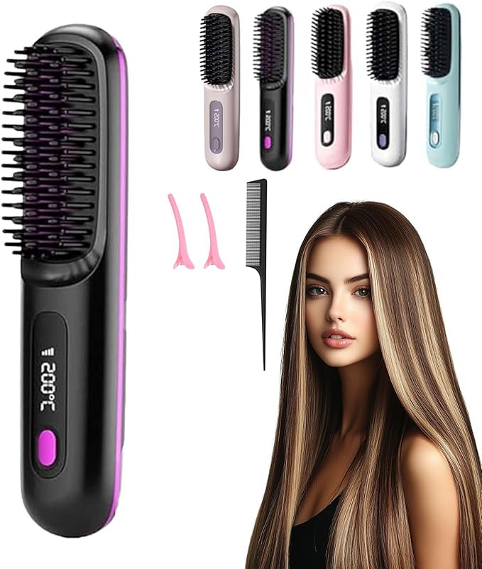 Go Brush Pro Alisador de Pelo, 2026 Actualización Inalámbrico Cepillo Alisador de Pelo, Peine Alisador Portátil para Viajes, Mini Peine Caliente Portátil con Iones Negativos Alisador (Negro)