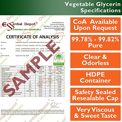 Vegetable Glycerin (Rspo Certified Halal Acceptable Palm Derived) 1 Gallon + Propylene Glycol 1 Gallon - Usp - Kosher - 2 X 1 Gallon Container - Safety Sealed Hdpe Container With Resealable Cap #TOP5