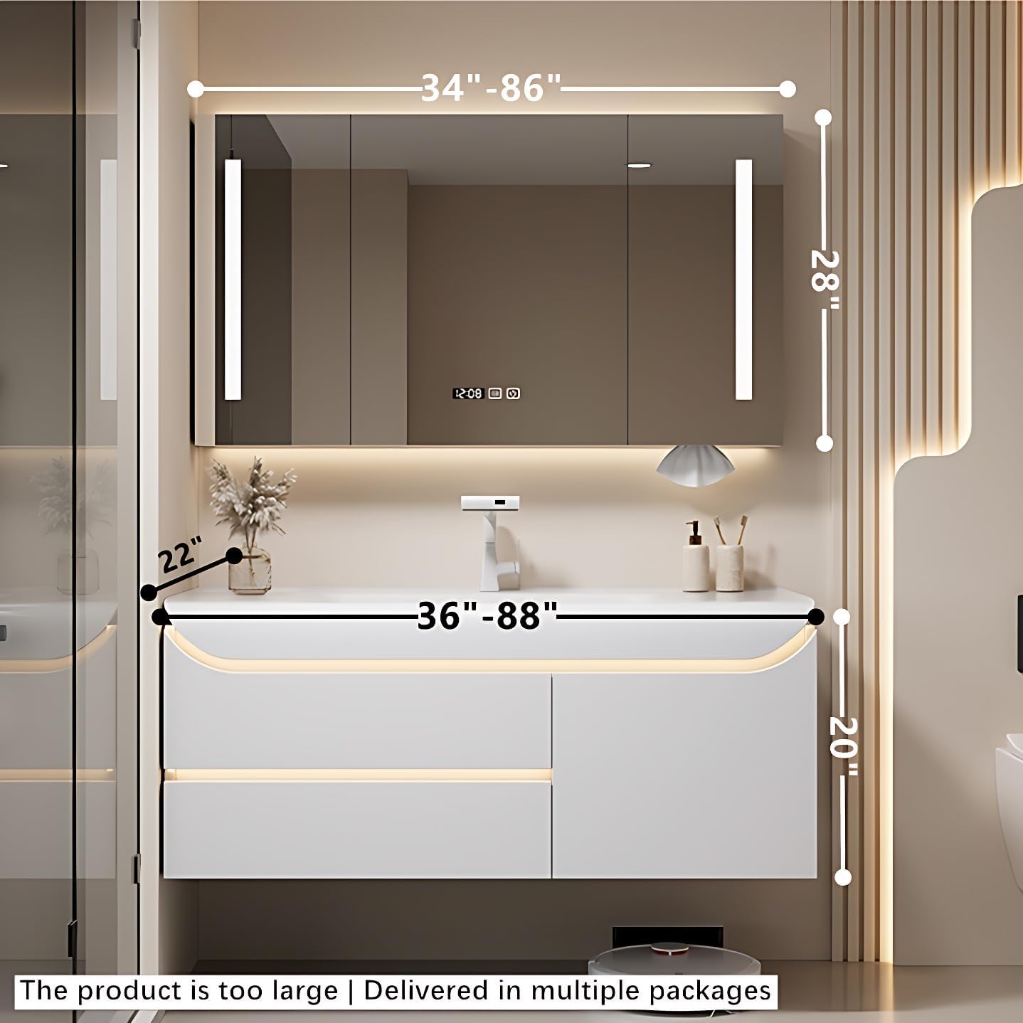 Modern Bathroom Vanity with Sink - Floating Bathroom Vanity with Smart LED Defog Mirror Cabinet ? Sensor Light, Solid Wood Bathroom Sink Cabinet (52IN)