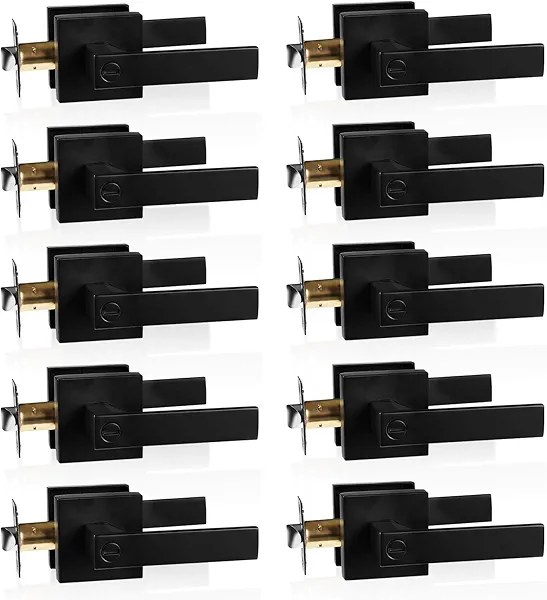 10 Pack Matte Black Privacy Door Handle Heavy Duty Reversible Square Door Lever Keyless Interior Door Knob Lockset Door Lever for Bedroom, Bathroom, Rooms Left Right Handed Doors