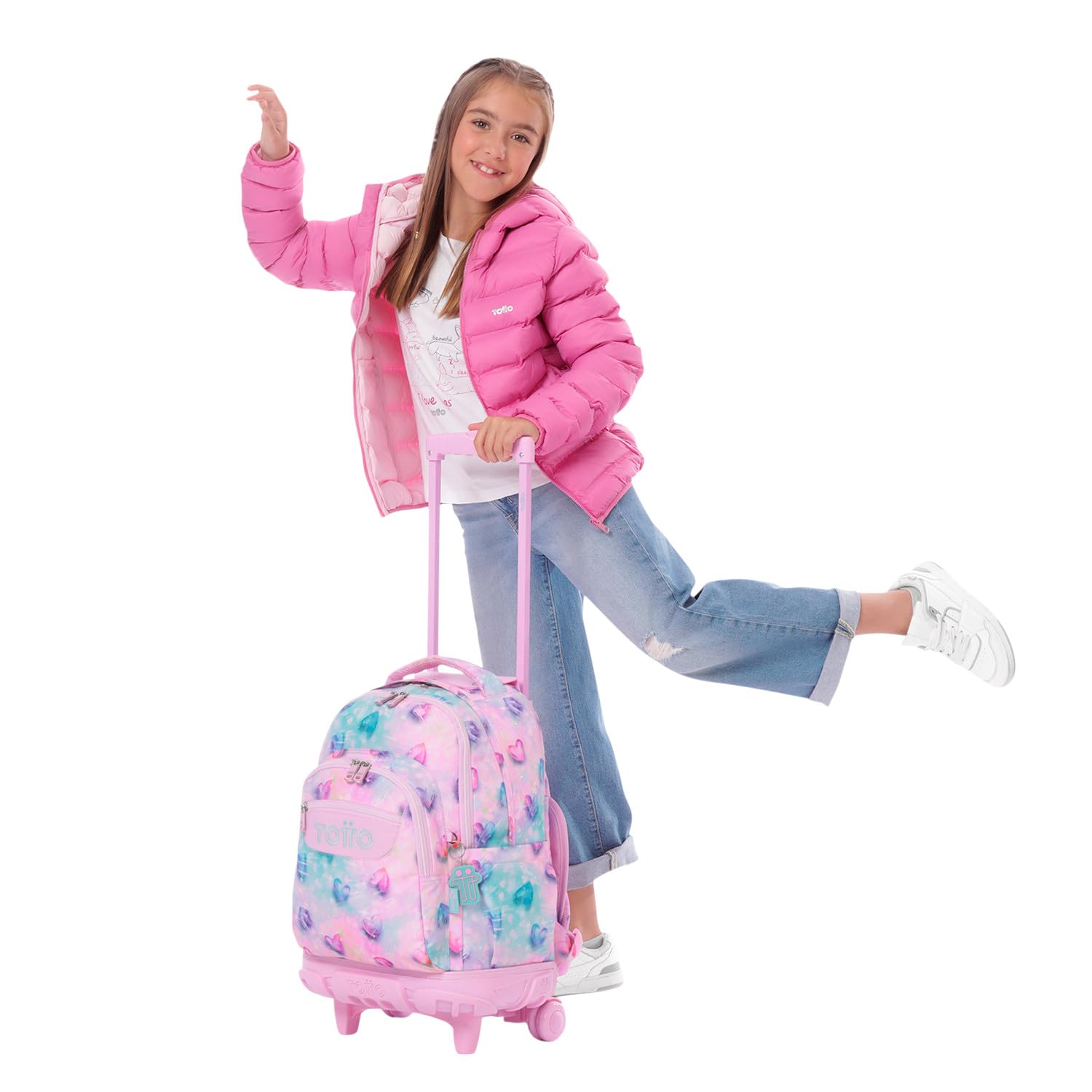 TOTTO - Zaini per la scuola con ruote, capacità 26 l, diversi modelli, con tasca per PC, manico telescopico, tasche laterali per bottiglia, spallacci ergonomici, stampe uniche, Cuore lucido glitterato