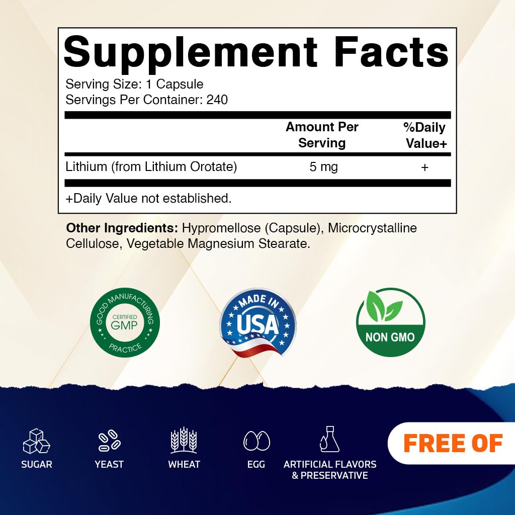 Vitamatic Lithium Orotate 5mg, 240 Veggie Capsules, Non-GMO, Gluten Free. — Amazon image 2