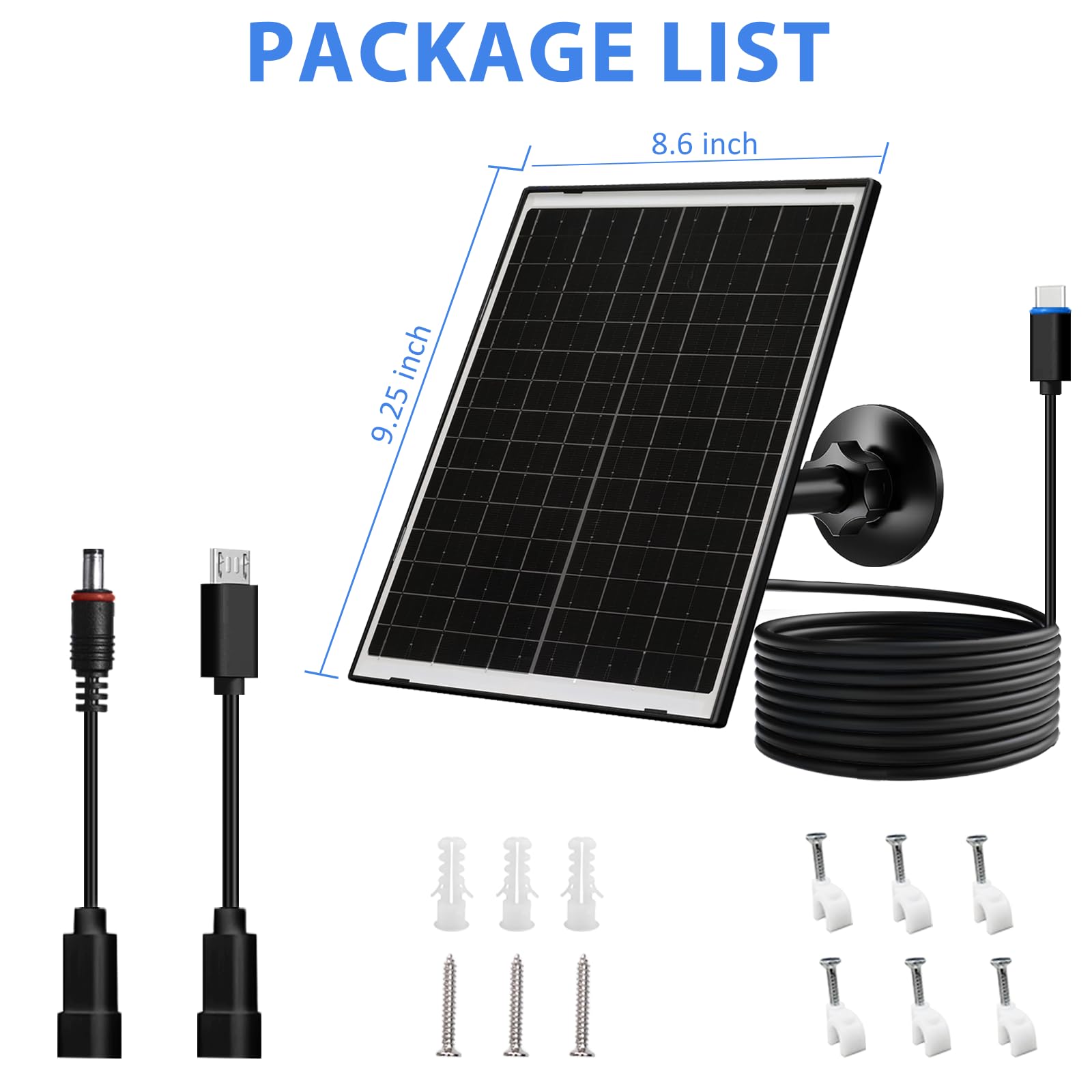 Zivif Panneau solaire pour caméra de sécurité, chargeur solaire 10 W compatible avec appareil photo alimenté par batterie, USB-C, micro USB et port DC 5,5 x 2,1 mm, support réglable à 360°, câble de