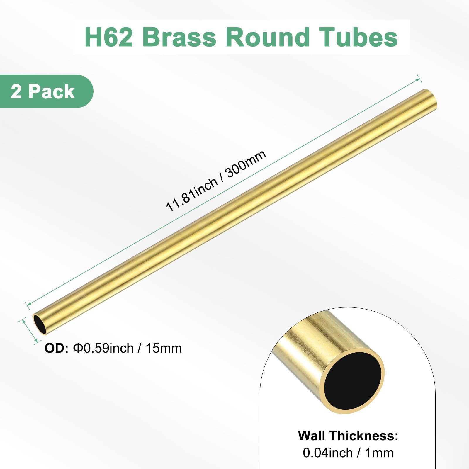 M METERXITY 2-Pack 300mm Tubo Rotondo in Ottone H62 15mm Diametro Esterno 1mm Spessore Parete Senza Saldatura
