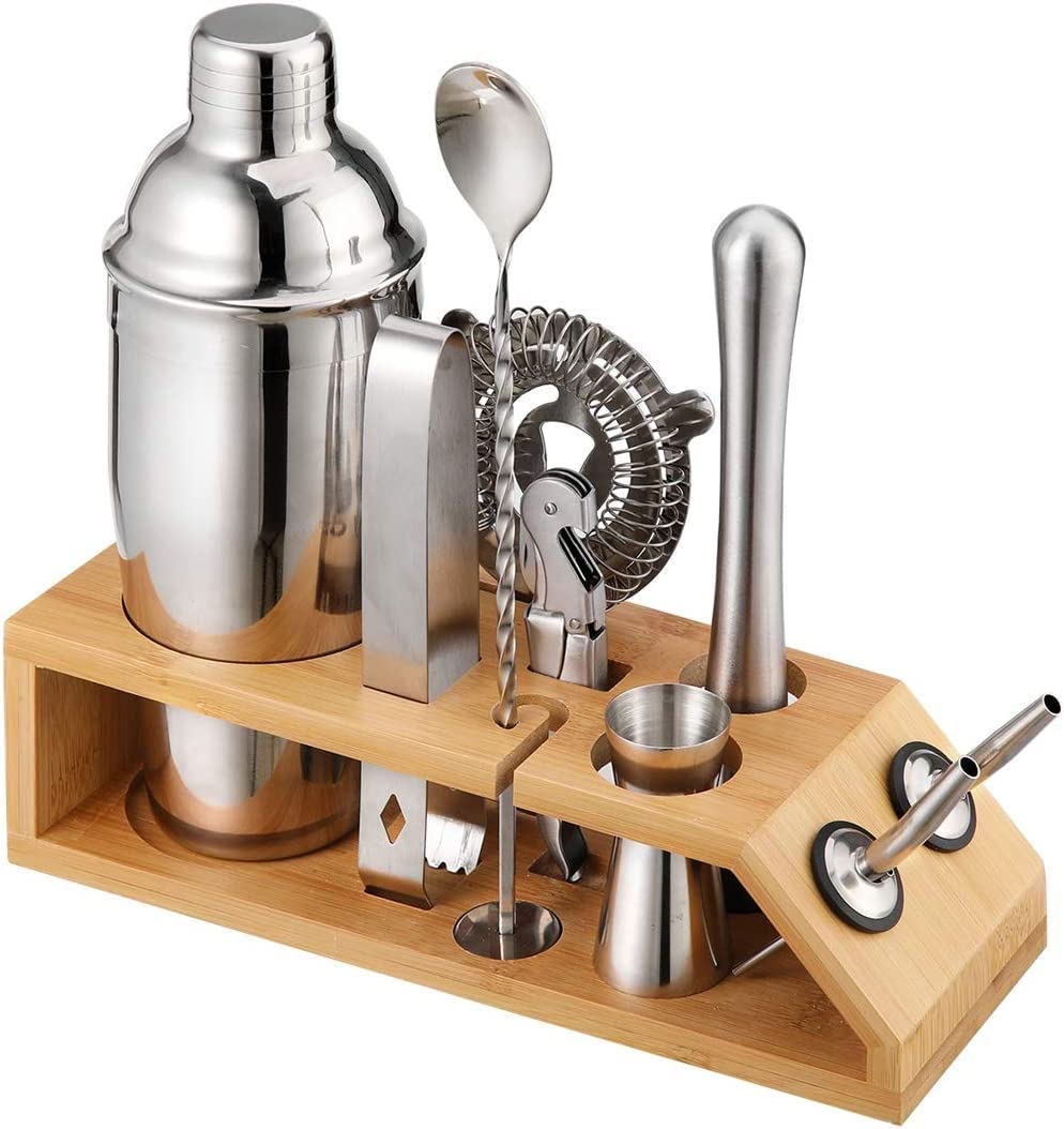 Ensemble de fabrication de cocktails, Shakers à cocktails Party Bar Barman Accessoire essentiel en acier inoxydable Kit Outil avec présentoir en bois Ensemble d'outils de barre for les bars à l