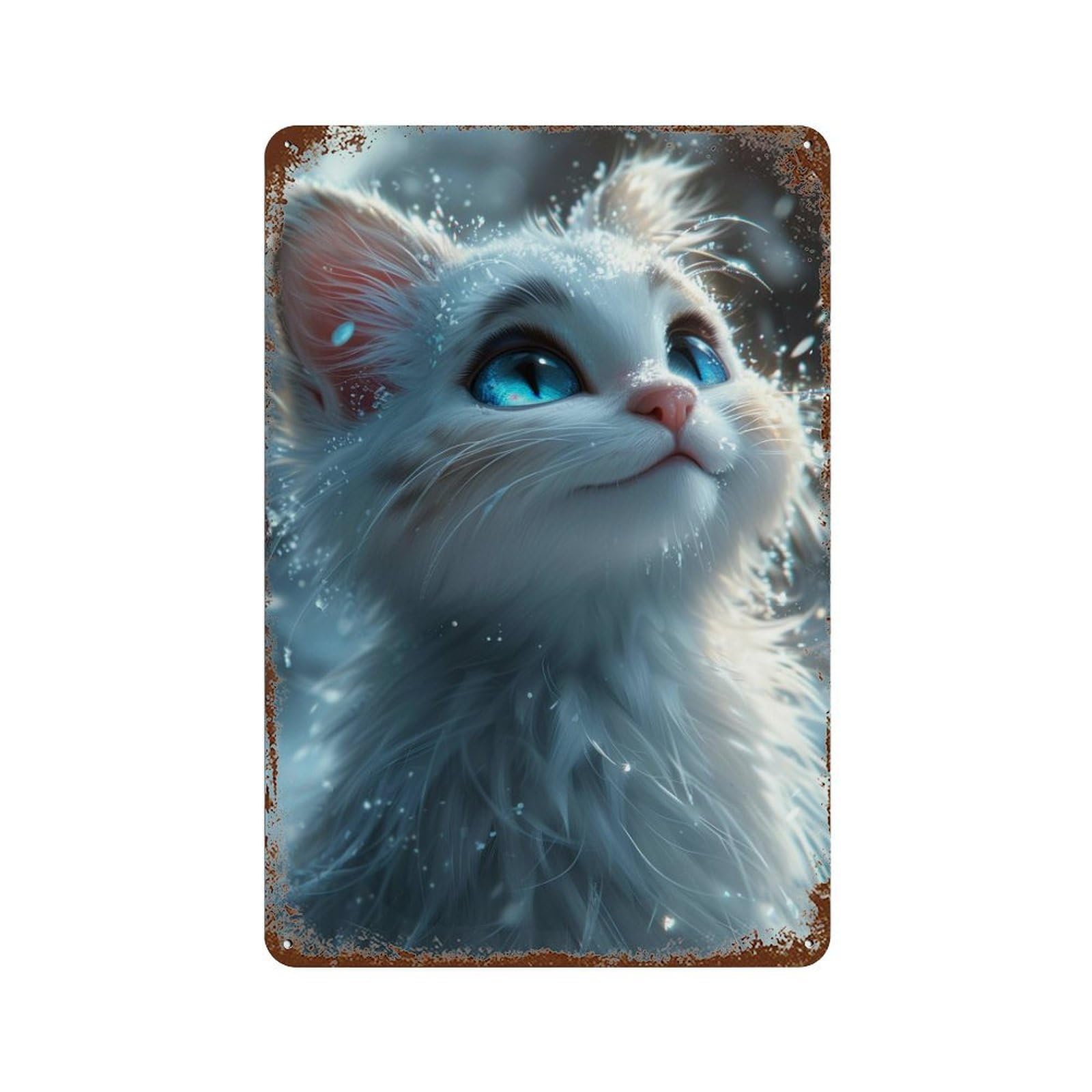 Snowy Kitty Gazing Up Weathered Tin Sign 11.8"x7.9", Industrial Home Decor for Basement, Hobby Room And Garage Decor