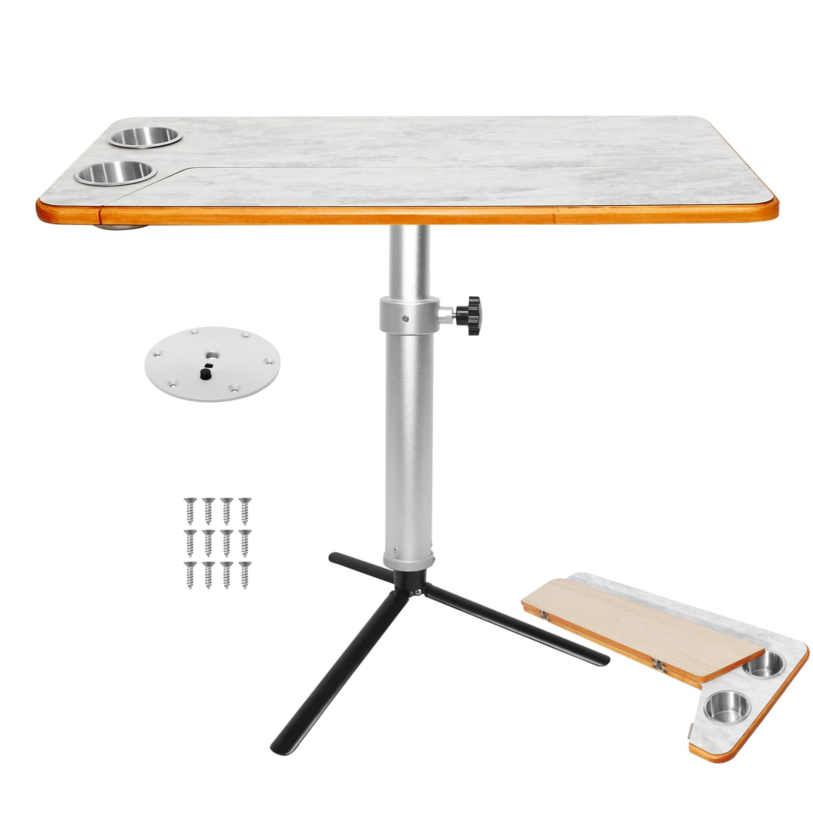 Mesa para RV con portavasos duales y pata de pedestal desmontable en L