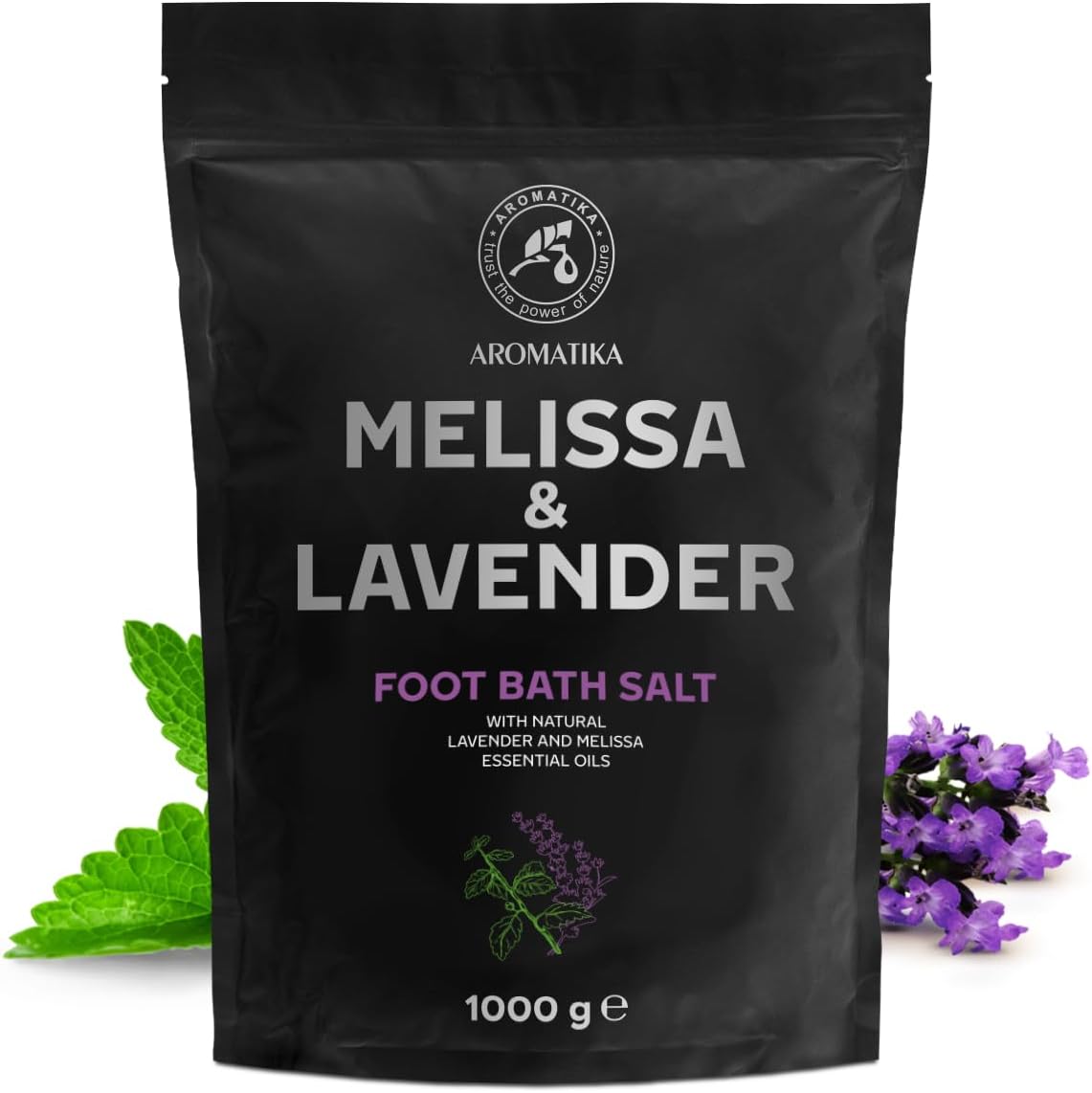 Foot Bath Salt with Sea Salt and Essential Lavender Oil and Balm Oil - 1 kg / 1000 g - Pedicure Bath Salt - with Natural Sea Salt - for Tired Feet Lavender - Melissa