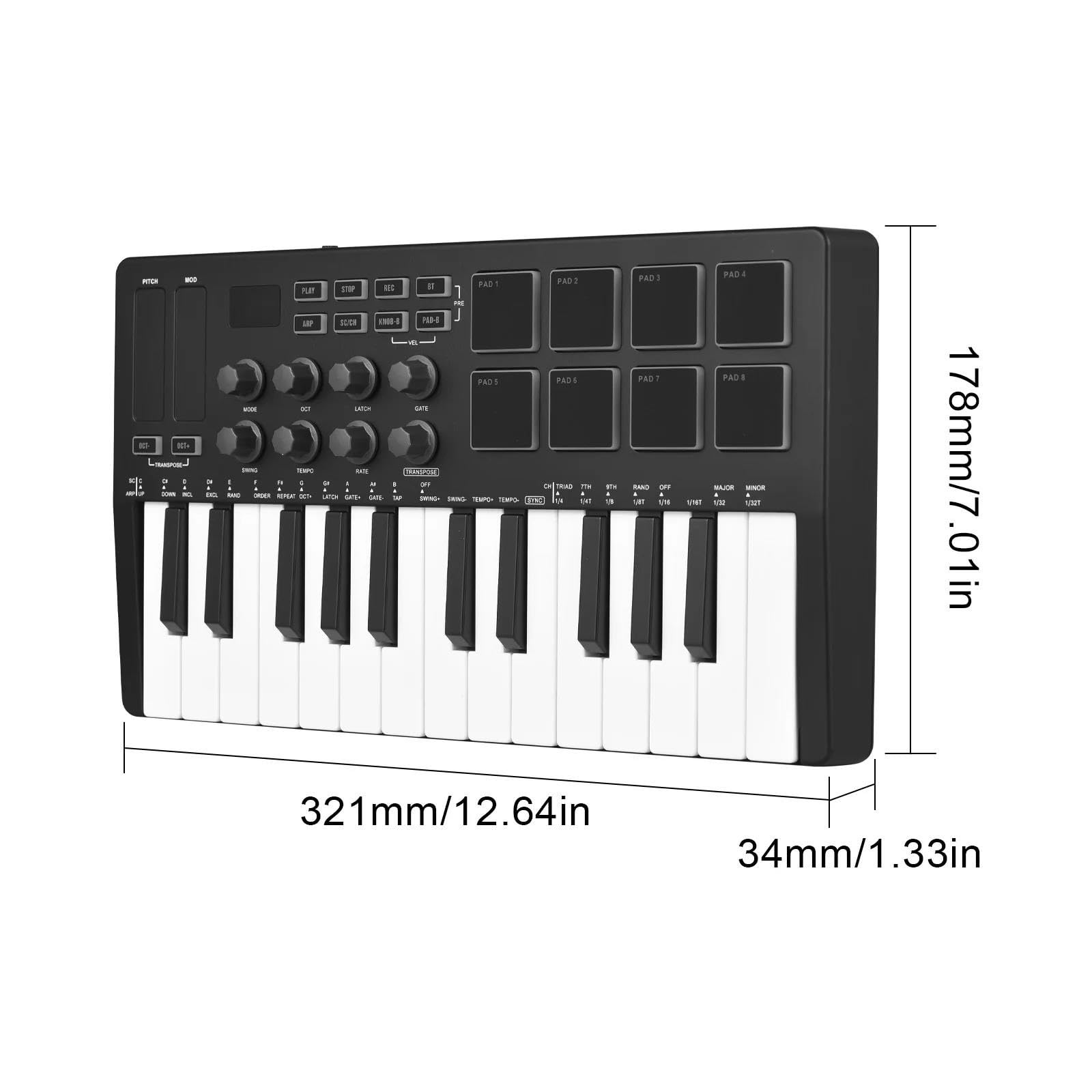 Controlador de teclado MIDI de 25 teclas USB inalámbrico con 8 almohadillas de batería retroiluminadas, 8 perillas, 2 tiras táctiles para producción y actuación musical