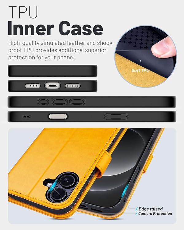 OCASE for iPhone 16 Plus Wallet Case PU Leather Flip Folio Case with Card Holders RFID Blocking Kickstand Shockproof TPU Inner Shell iPhone 16 Plus Phone Cover 6.7 Inch 2024-Tangerine Yellow by OCASE - Image 5