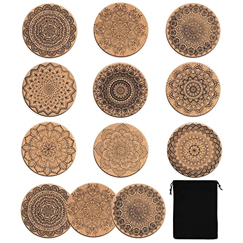12 posavasos de corcho, posavasos absorbentes antideslizantes con patrón impreso, reutilizables, aptos para oficina, bar, con 1 bolsa de almacenamiento negra.