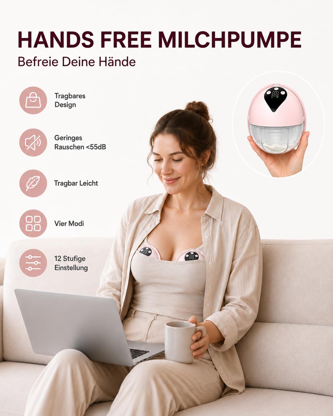 Tire-lait électrique mains libres portable rose (1 paquet) | 4 modes et 12 niveaux sans BPA, rechargeable, avec brides de 18/21/24 mm et accessoires, pour la maison et les déplacements