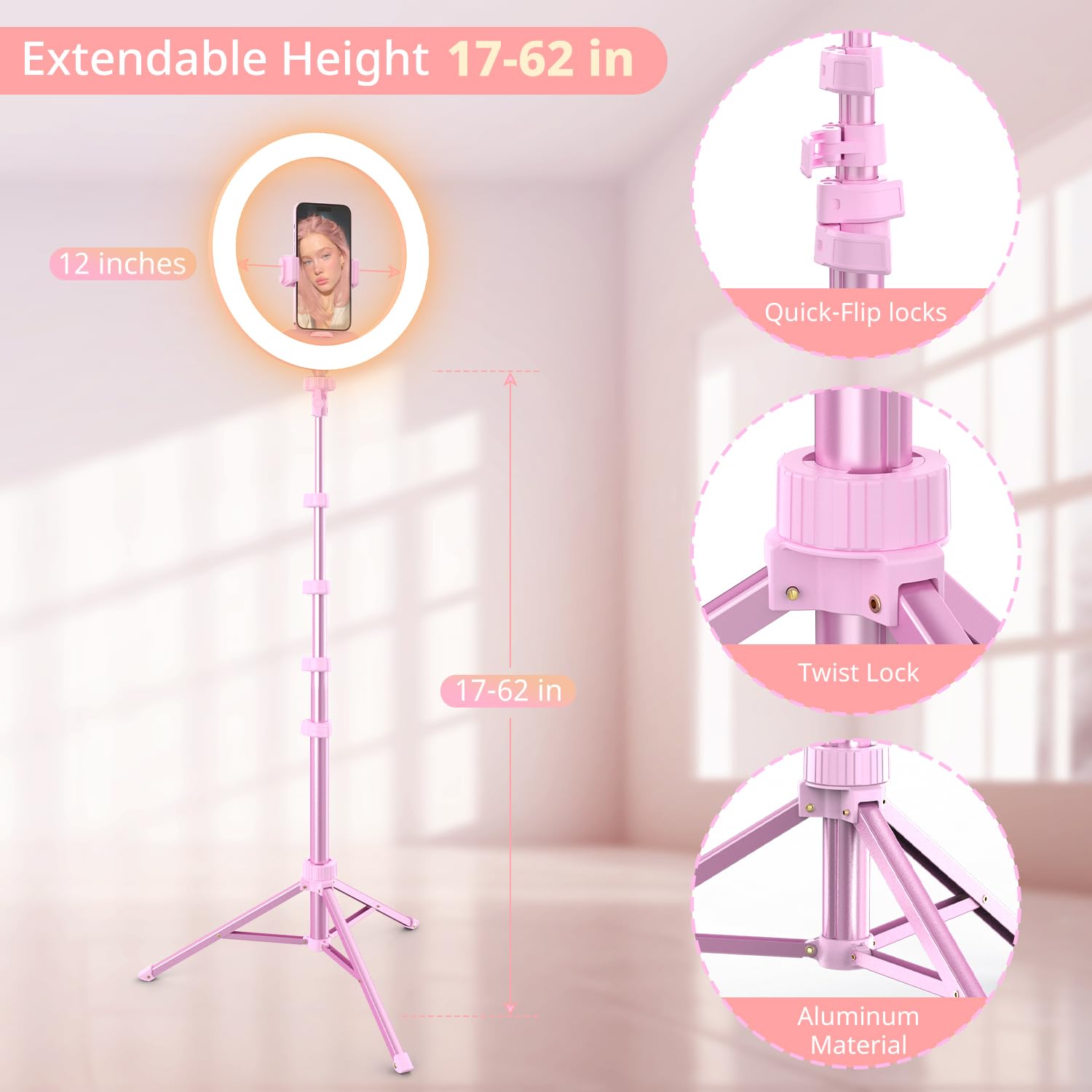 UBeesize Luce ad anello da 30,5 cm con treppiede da 157 cm, rosa