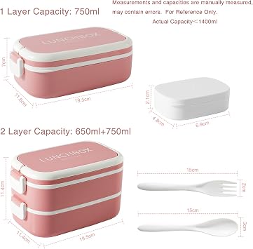Bento Lunch Box Stackable,1400ml Containers with 4 Compartments and Cutlery, Leakproof 2 Layer Boxes, for Adults Kids Office, Microwave Dishwasher Safe (Pink)