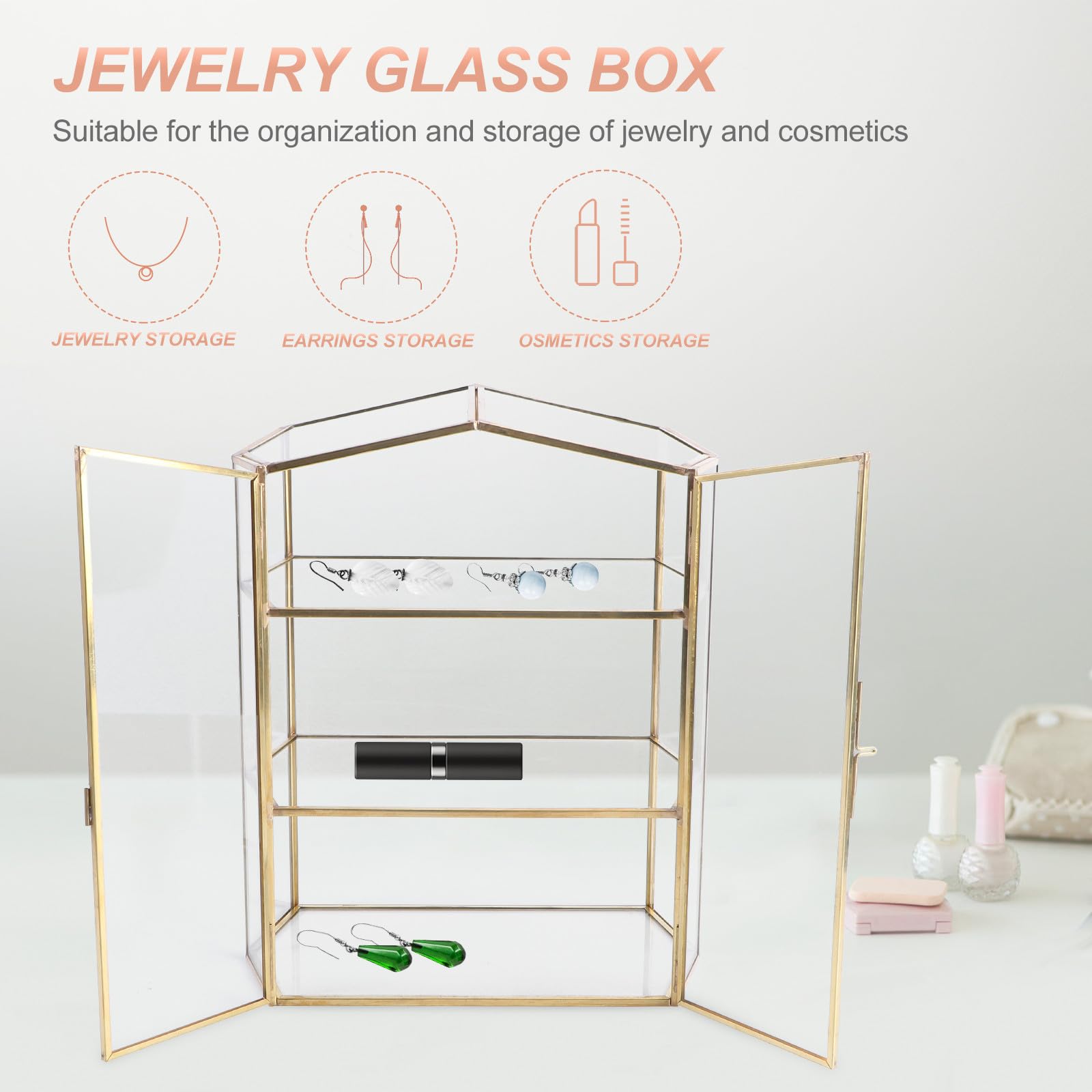 Boîte de Rangement pour Cosmétiques et Bijoux en Métal et Verre Or Design à 3 Couches, Organise Bureau et Espace de Maquillage Efficacement