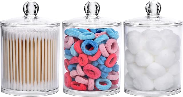 Tbestmax 3 Pack Cotton Swab Ball Pad Holder, 12 Oz Qtip Apothecary Jar Clear Makeup Organizer, Bathroom Containers Dispenser